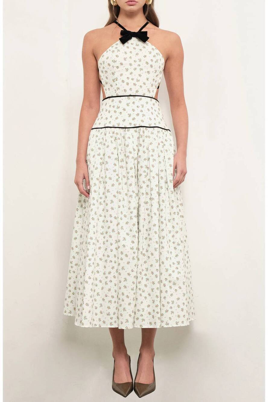 NEW MAUDE CLUB backless halter dress with bow in sprigged floral